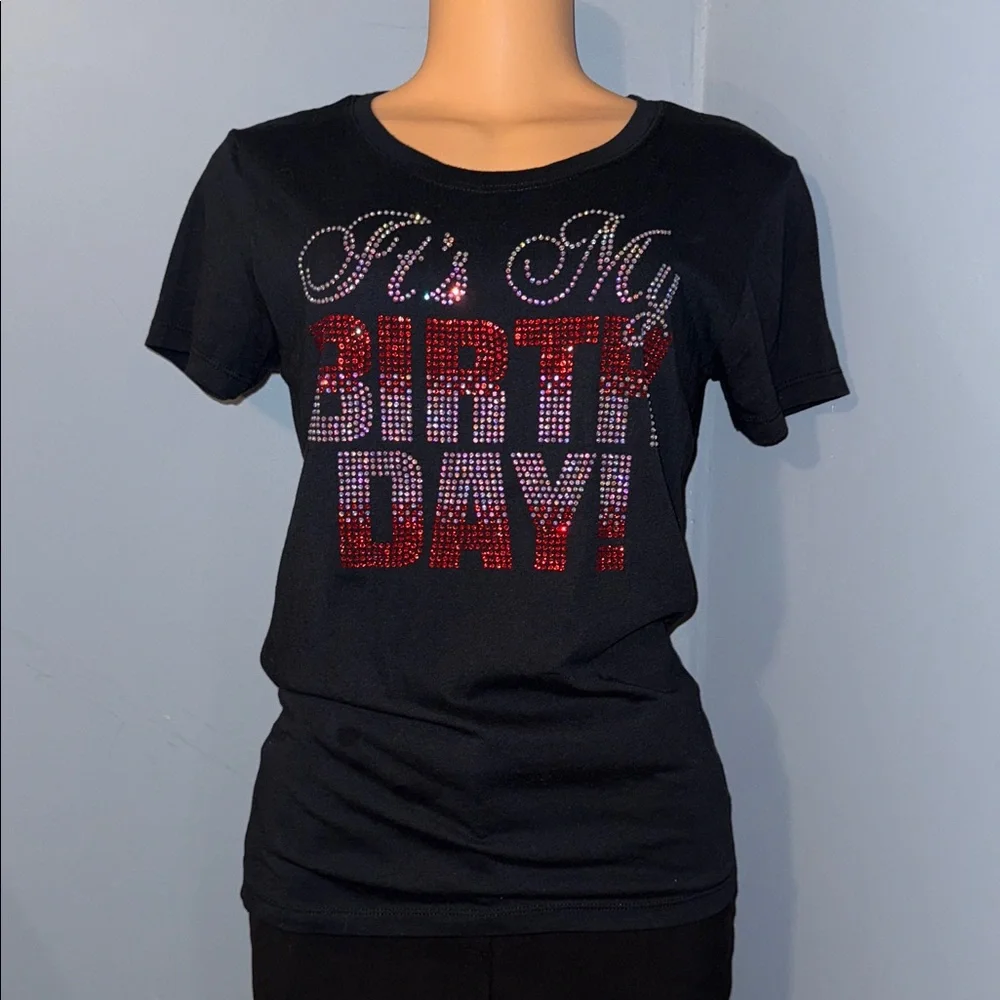 It's My Birthday!" Black Rhinestone T-Shirt, Size Large - Picture 1 of 4